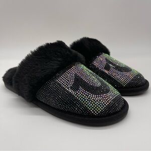 True Religion Black Faux Fur Slippers Rhinestone Logo Women’s Size 6.5–7.5 New